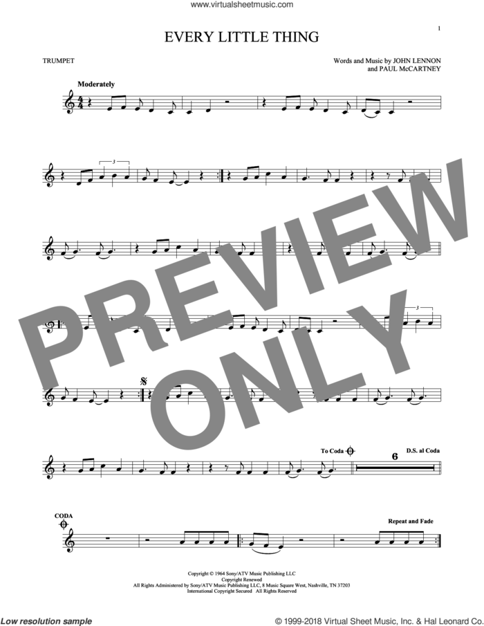 Every Little Thing sheet music for trumpet solo by The Beatles, John Lennon and Paul McCartney, intermediate skill level