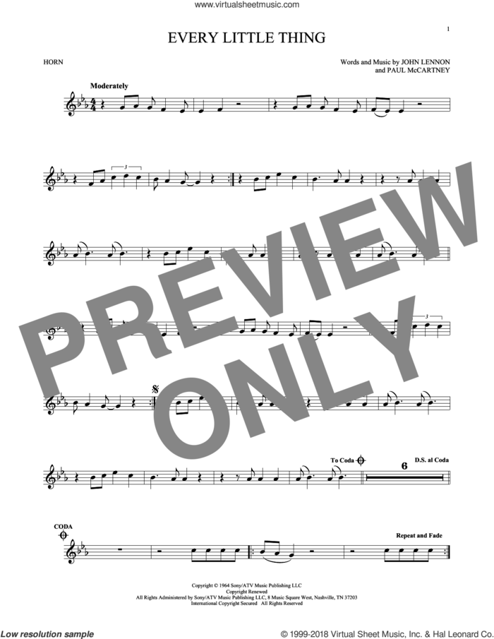 Every Little Thing sheet music for horn solo by The Beatles, John Lennon and Paul McCartney, intermediate skill level