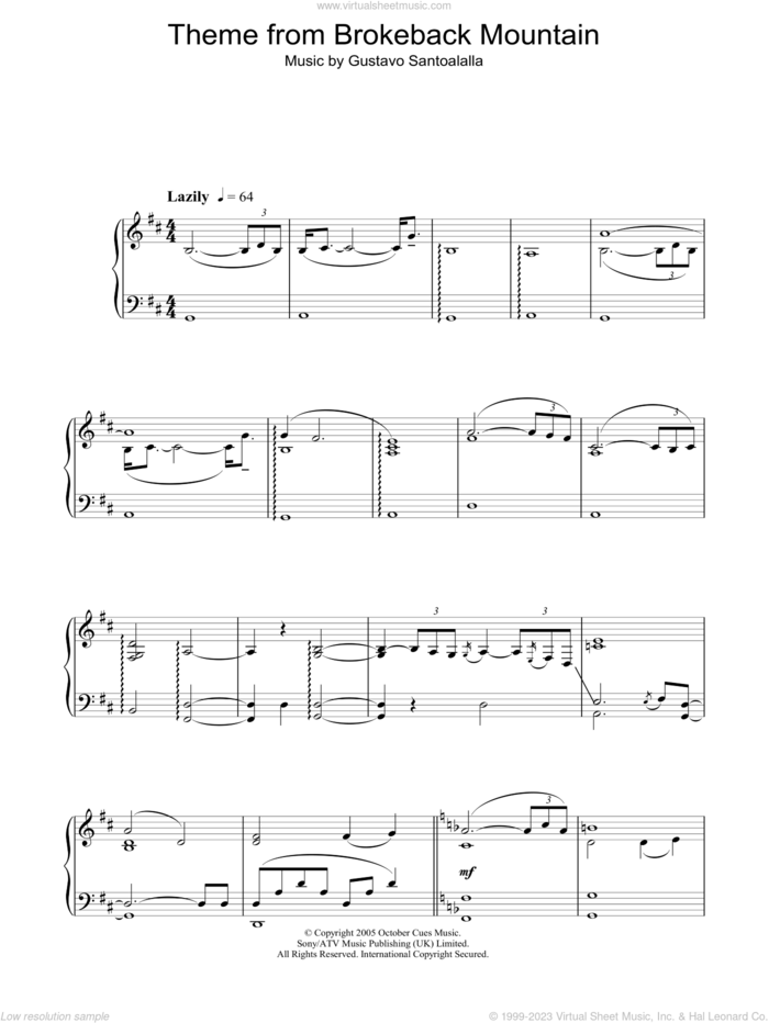 Theme from Brokeback Mountain sheet music for piano solo by Gustavo Santoalalla, intermediate skill level