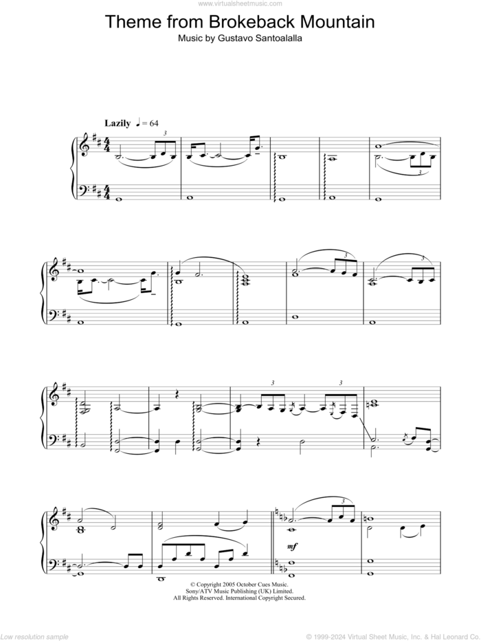 Theme from Brokeback Mountain sheet music for piano solo by Gustavo Santoalalla, intermediate skill level