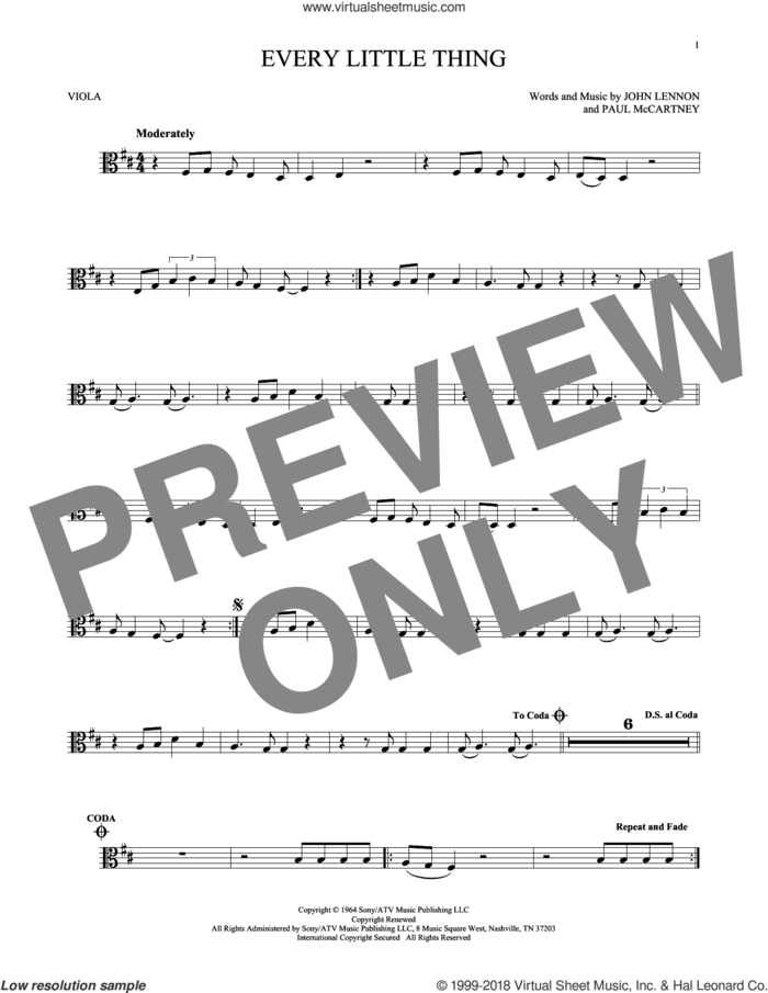 Every Little Thing sheet music for viola solo by The Beatles, John Lennon and Paul McCartney, intermediate skill level