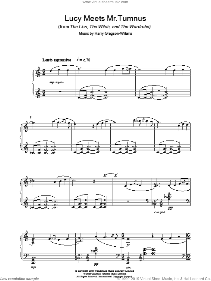 Lucy Meets Mr. Tumnus, (intermediate) sheet music for piano solo by Harry Gregson-Williams, intermediate skill level