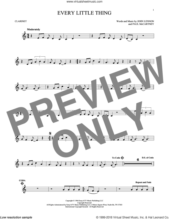 Every Little Thing sheet music for clarinet solo by The Beatles, John Lennon and Paul McCartney, intermediate skill level