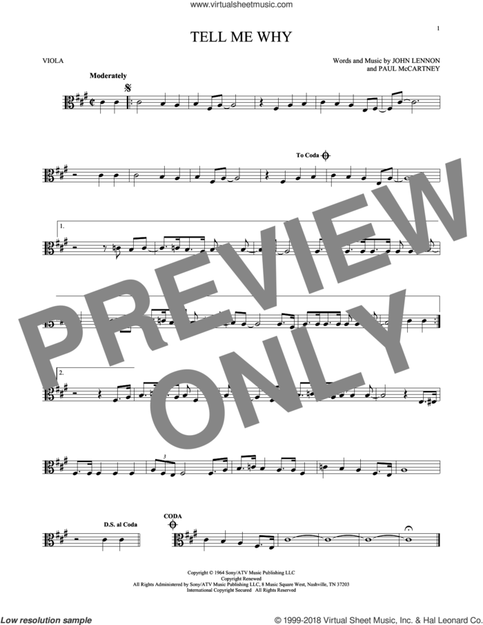 Tell Me Why sheet music for viola solo by The Beatles, John Lennon and Paul McCartney, intermediate skill level