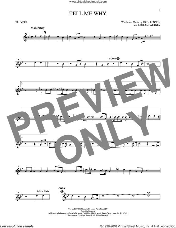 Tell Me Why sheet music for trumpet solo by The Beatles, John Lennon and Paul McCartney, intermediate skill level