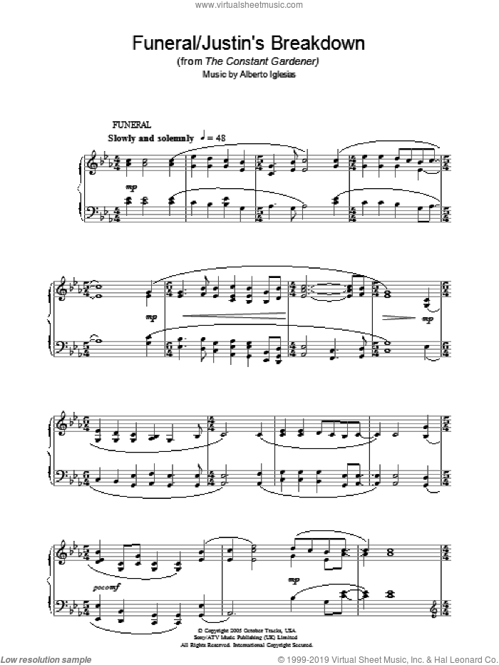 Funeral/Justin's Breakdown (from The Constant Gardener) sheet music for piano solo by Alberto Iglesias, intermediate skill level