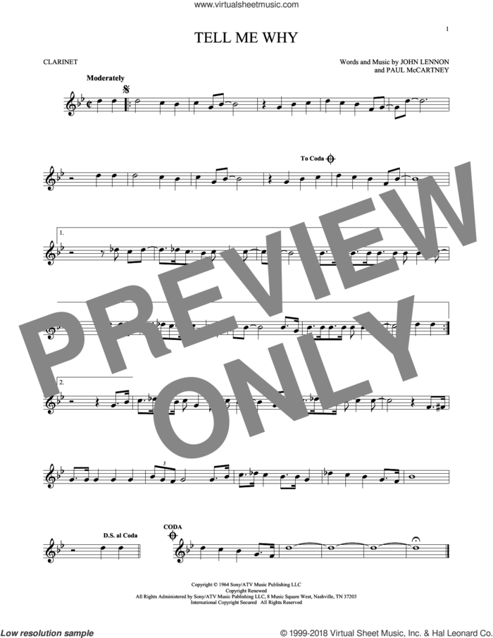 Tell Me Why sheet music for clarinet solo by The Beatles, John Lennon and Paul McCartney, intermediate skill level