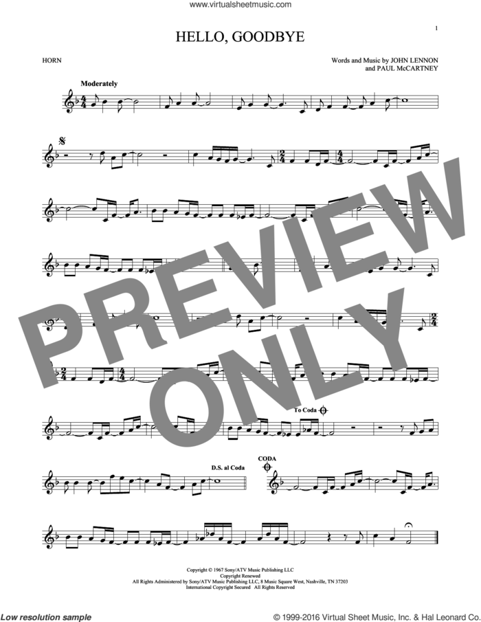 Hello, Goodbye sheet music for horn solo by The Beatles, John Lennon and Paul McCartney, intermediate skill level