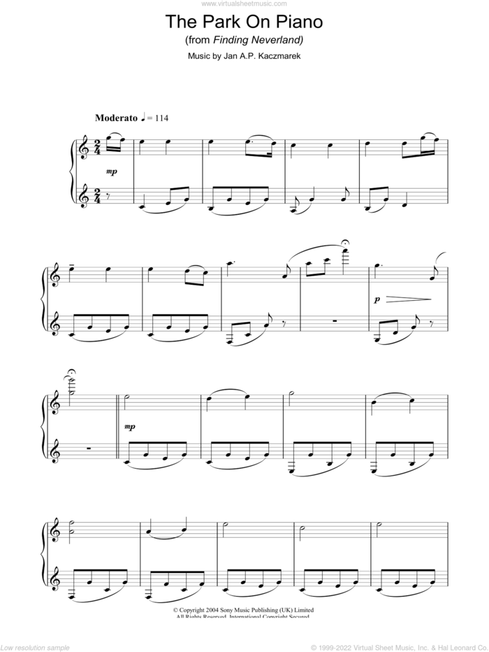 The Park On Piano (from Finding Neverland), (intermediate) sheet music for piano solo by Jan A.P. Kaczmarek and Finding Neverland (Movie), intermediate skill level