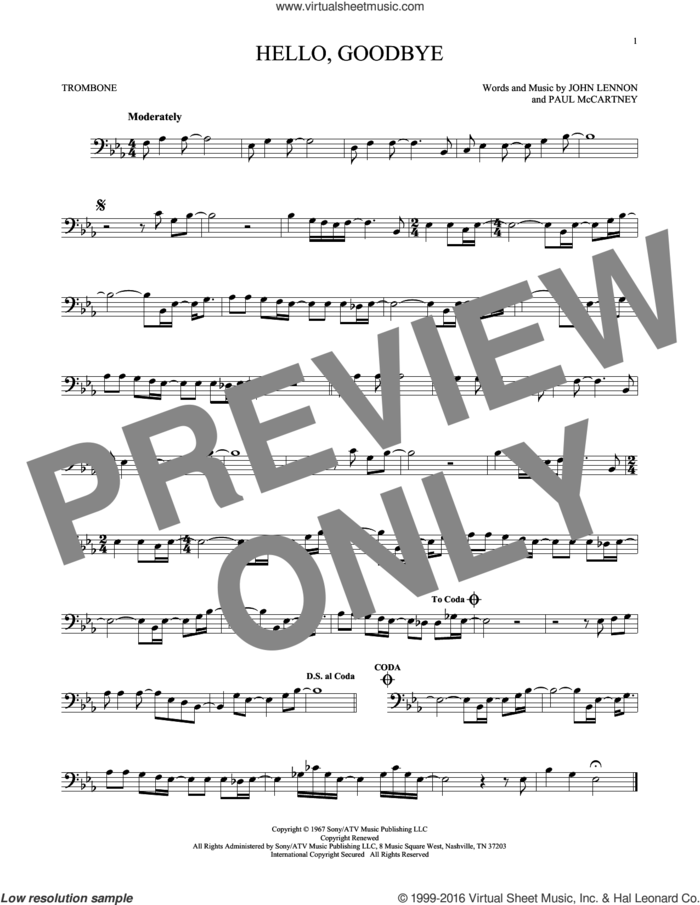 Hello, Goodbye sheet music for trombone solo by The Beatles, John Lennon and Paul McCartney, intermediate skill level