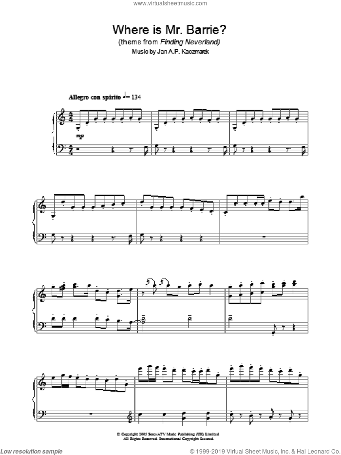Where Is Mr. Barrie? sheet music for piano solo by Jan A.P. Kaczmarek and Finding Neverland (Movie), intermediate skill level