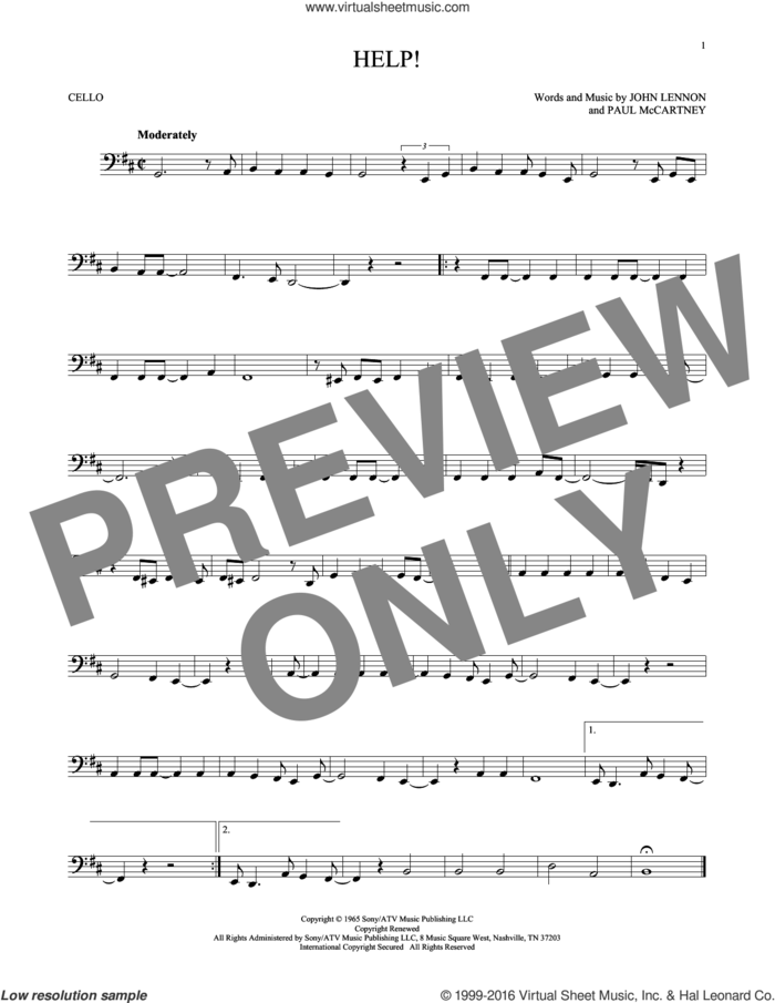Help! sheet music for cello solo by The Beatles, John Lennon and Paul McCartney, intermediate skill level