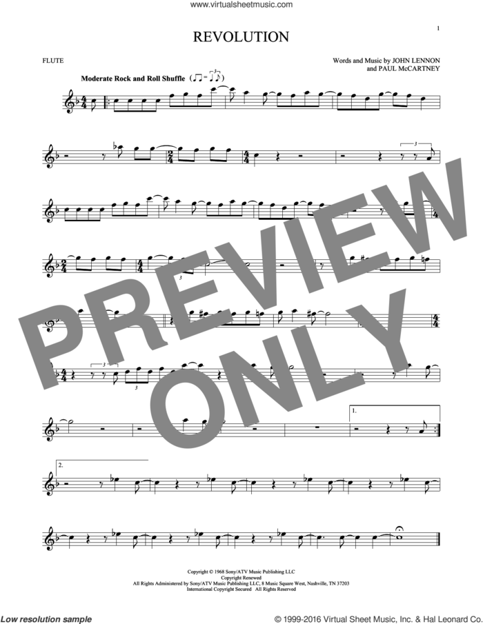Revolution sheet music for flute solo by The Beatles, John Lennon and Paul McCartney, intermediate skill level