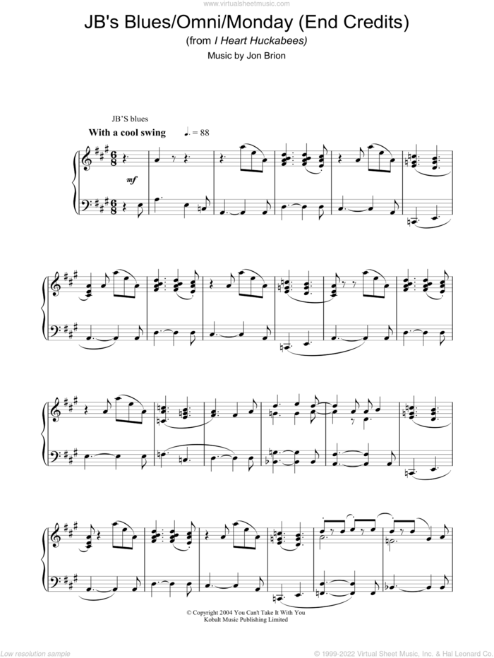 JB's Blues/Omni/Monday (End Credits) (from I Heart Huckabees) sheet music for piano solo by Jon Brion, intermediate skill level