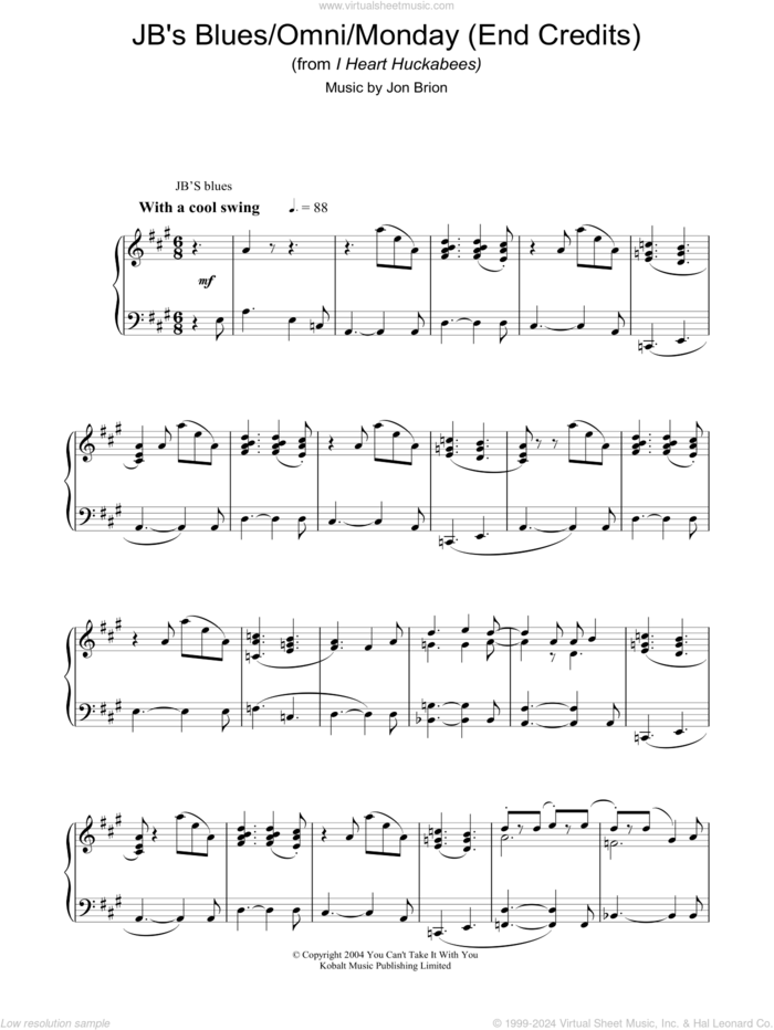 JB's Blues/Omni/Monday (End Credits) (from I Heart Huckabees) sheet music for piano solo by Jon Brion, intermediate skill level