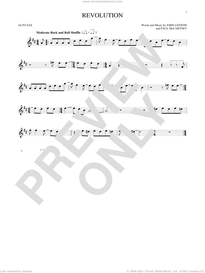 Revolution sheet music for alto saxophone solo by The Beatles, John Lennon and Paul McCartney, intermediate skill level