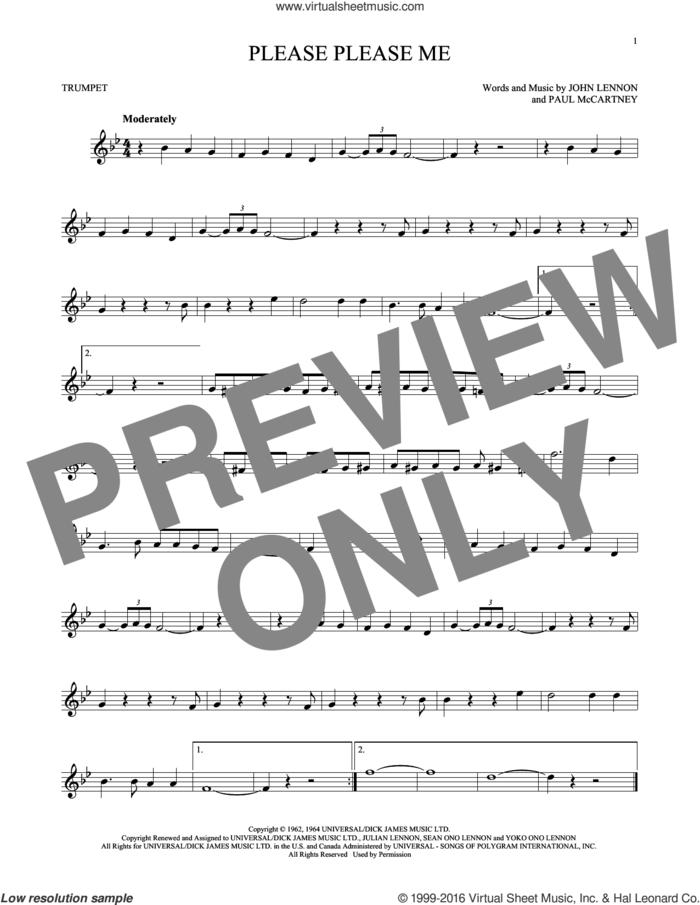 Please Please Me sheet music for trumpet solo by The Beatles, John Lennon and Paul McCartney, intermediate skill level