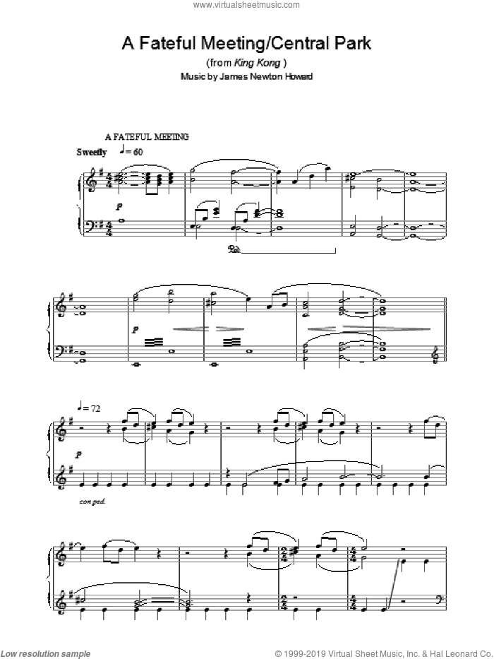 A Fateful Meeting/Central Park (from King Kong) sheet music for piano solo by James Newton Howard, intermediate skill level