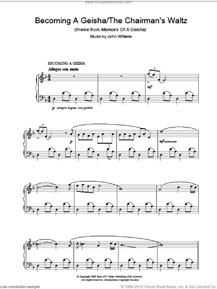 Becoming A Geisha/The Chairman's Waltz (theme from Memoirs Of A Geisha) sheet music for piano solo by John Williams, intermediate skill level