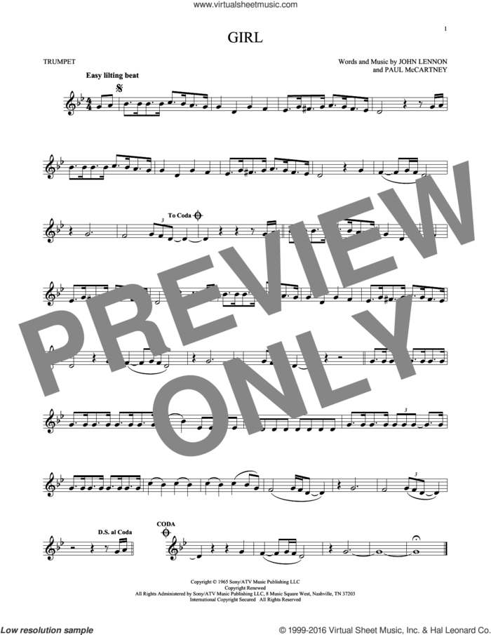 Girl sheet music for trumpet solo by The Beatles, John Lennon and Paul McCartney, intermediate skill level
