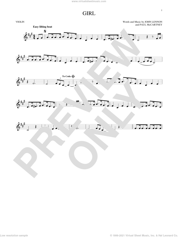 Girl sheet music for violin solo by The Beatles, John Lennon and Paul McCartney, intermediate skill level