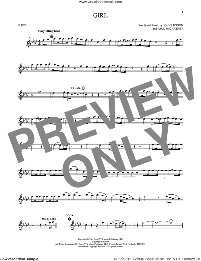 Girl sheet music for flute solo by The Beatles, John Lennon and Paul McCartney, intermediate skill level