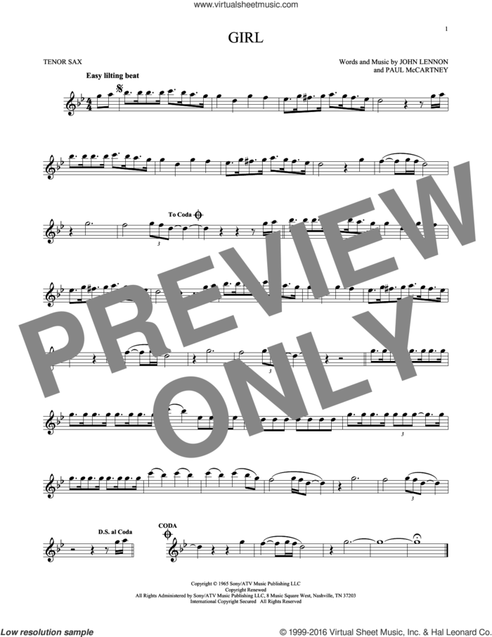Girl sheet music for tenor saxophone solo by The Beatles, John Lennon and Paul McCartney, intermediate skill level