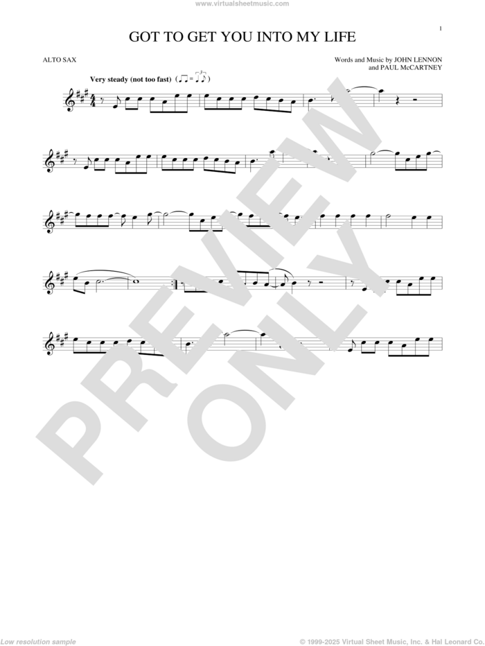 Got To Get You Into My Life sheet music for alto saxophone solo by The Beatles, John Lennon and Paul McCartney, intermediate skill level