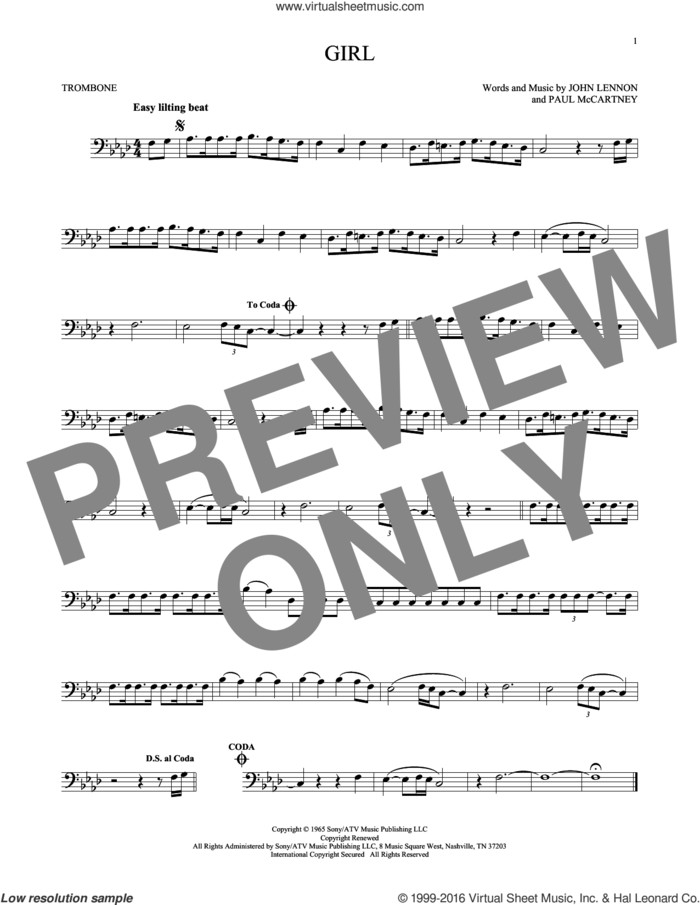 Girl sheet music for trombone solo by The Beatles, John Lennon and Paul McCartney, intermediate skill level