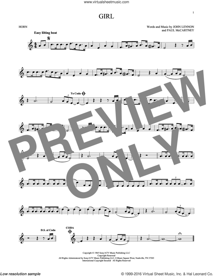 Girl sheet music for horn solo by The Beatles, John Lennon and Paul McCartney, intermediate skill level