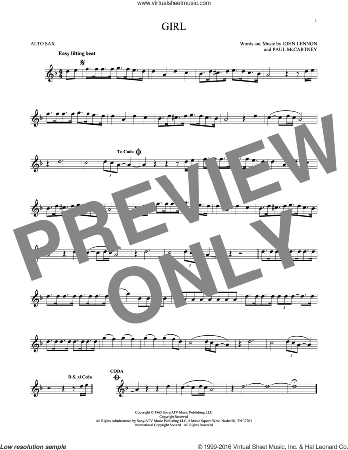 Girl sheet music for alto saxophone solo by The Beatles, John Lennon and Paul McCartney, intermediate skill level