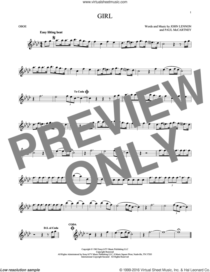 Girl sheet music for oboe solo by The Beatles, John Lennon and Paul McCartney, intermediate skill level