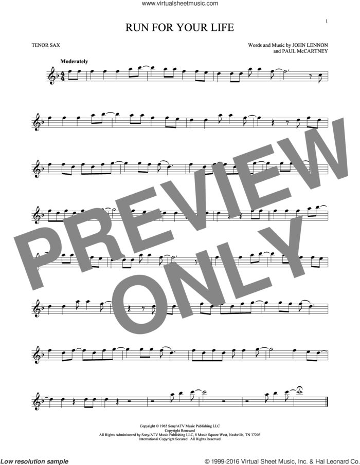 Run For Your Life sheet music for tenor saxophone solo by The Beatles, John Lennon and Paul McCartney, intermediate skill level