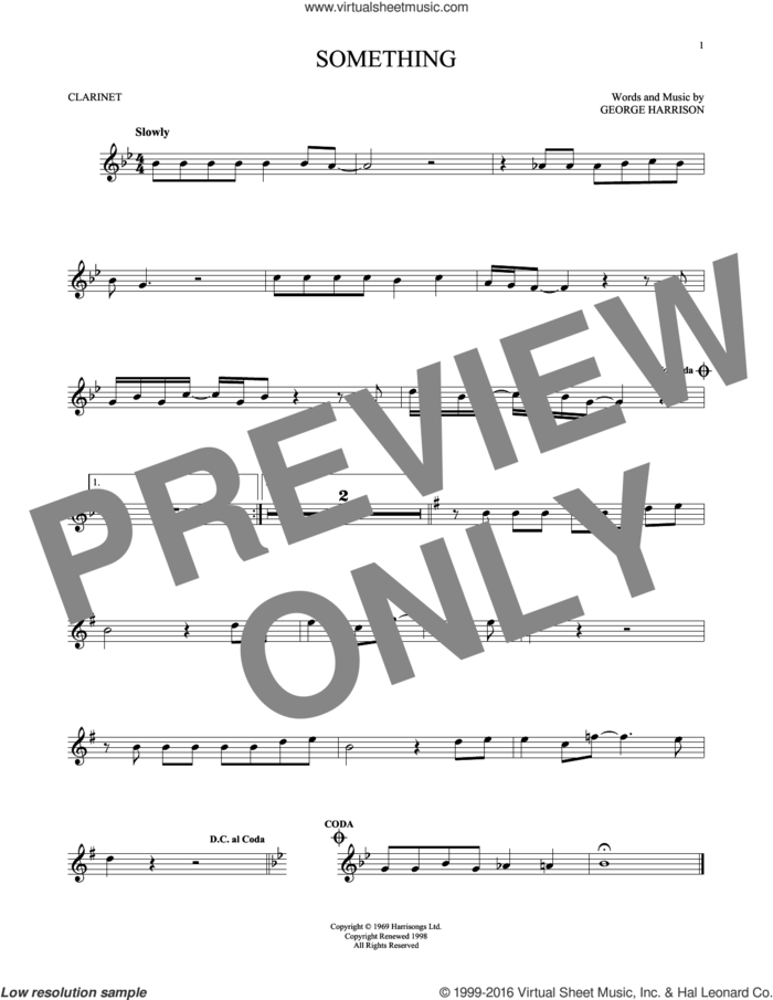 Something sheet music for clarinet solo by The Beatles and George Harrison, intermediate skill level