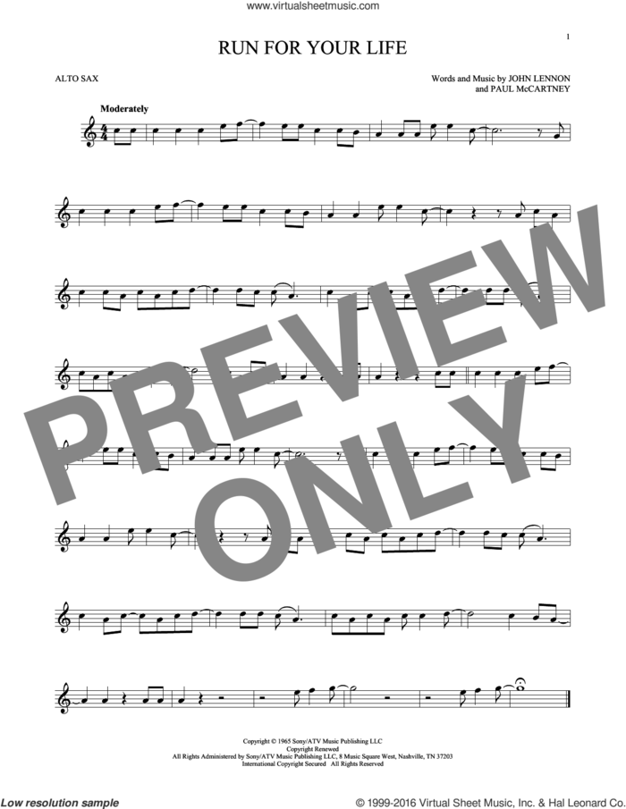 Run For Your Life sheet music for alto saxophone solo by The Beatles, John Lennon and Paul McCartney, intermediate skill level