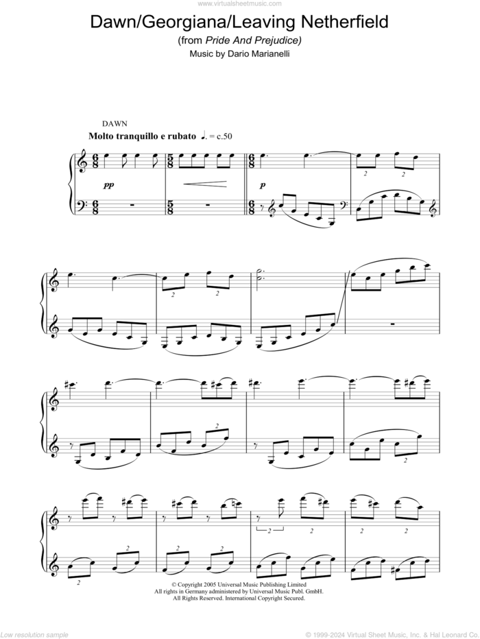 Dawn / Georgiana sheet music for piano solo by Dario Marianelli and Pride & Prejudice (Movie), intermediate skill level