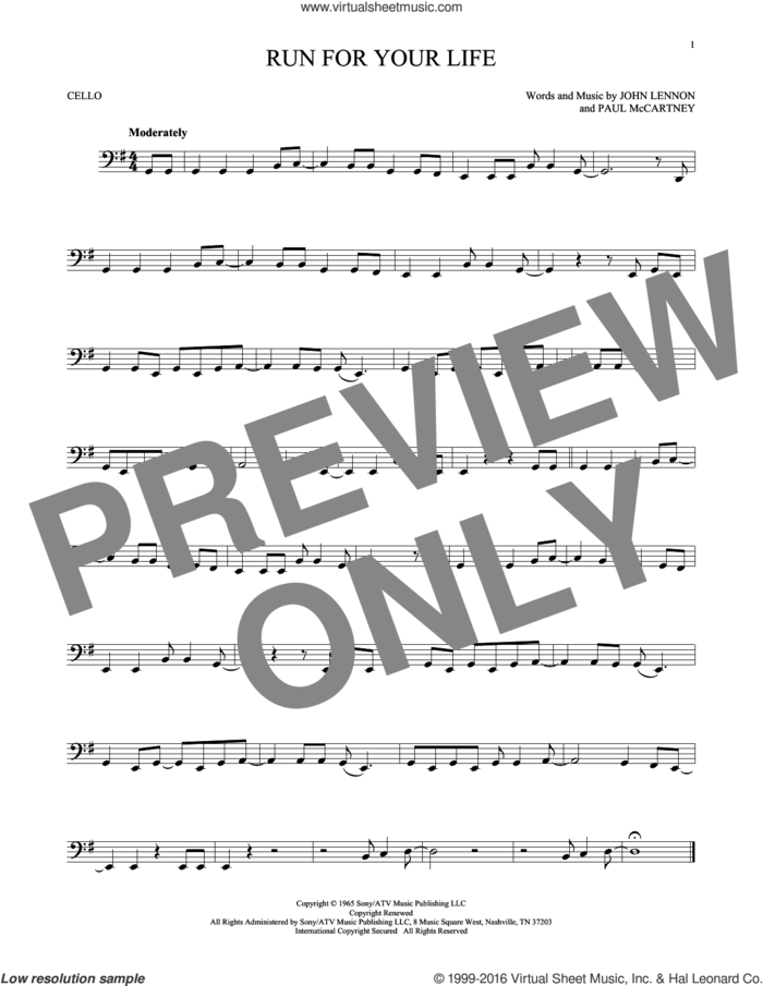 Run For Your Life sheet music for cello solo by The Beatles, John Lennon and Paul McCartney, intermediate skill level