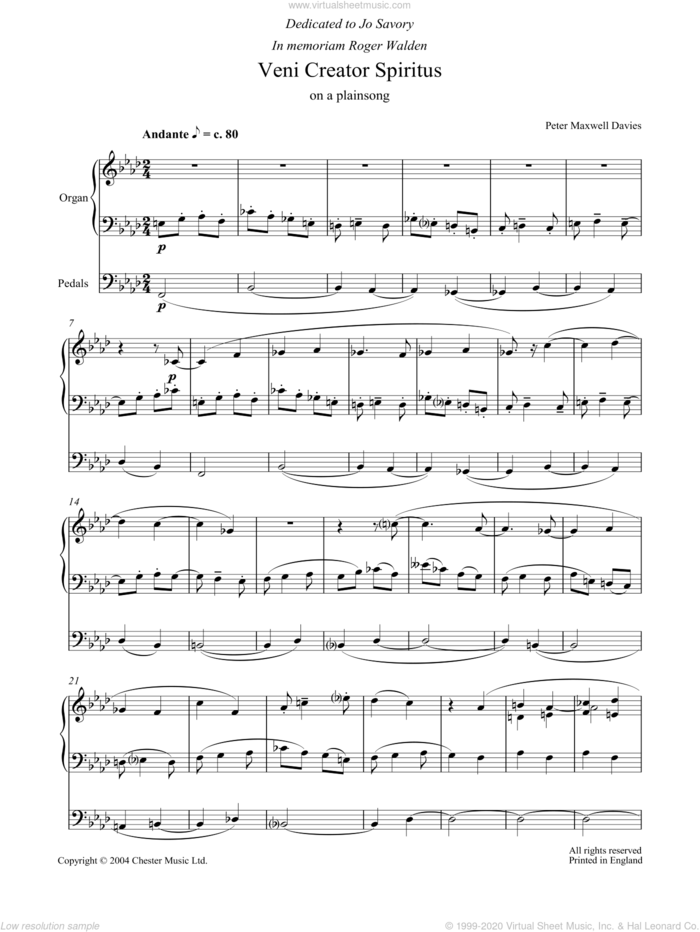 Veni Creator Spiritus sheet music for organ by Peter Maxwell Davies, classical score, intermediate skill level