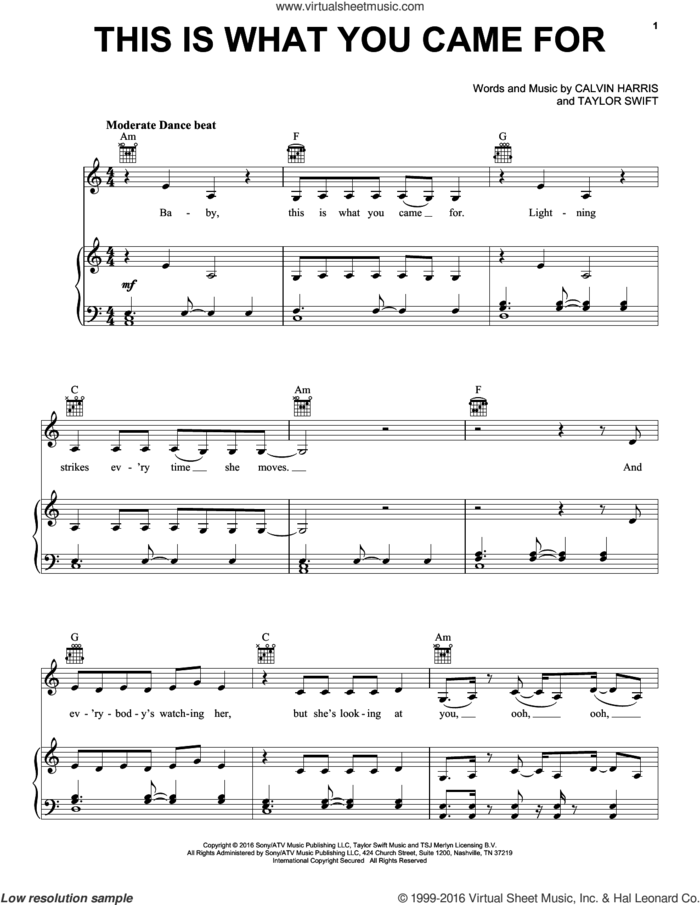 This Is What You Came For (feat. Rihanna) sheet music for voice, piano or guitar by Calvin Harris featuring Rihanna, Rihanna, Calvin Harris and Nils Sjoberg, intermediate skill level