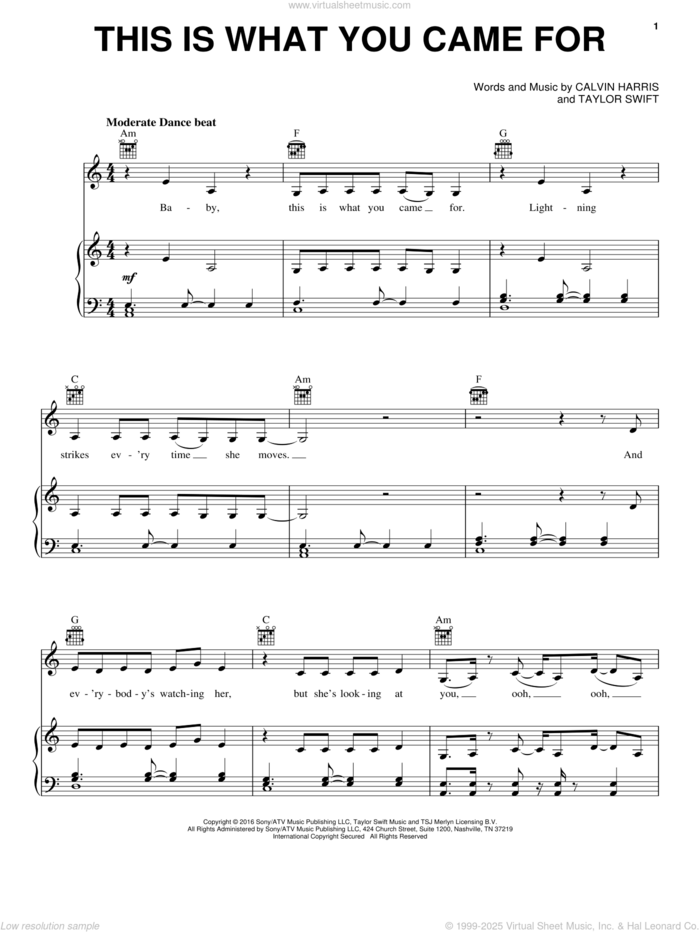 This Is What You Came For (feat. Rihanna) sheet music for voice, piano or guitar by Calvin Harris featuring Rihanna, Rihanna, Calvin Harris and Nils Sjoberg, intermediate skill level