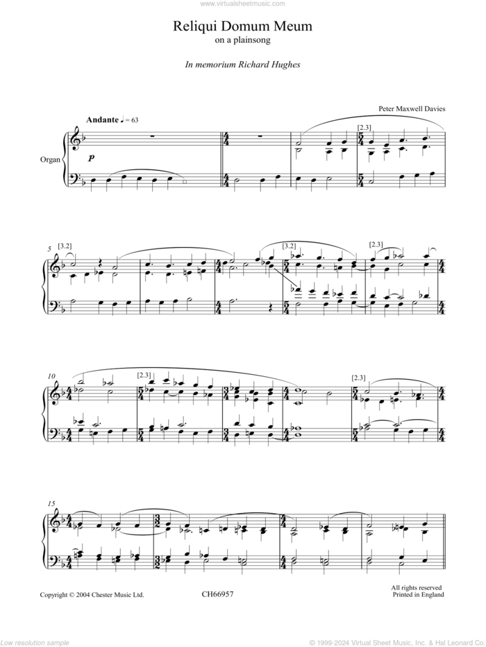 Reliqui Domum Meum sheet music for organ by Peter Maxwell Davies, intermediate skill level