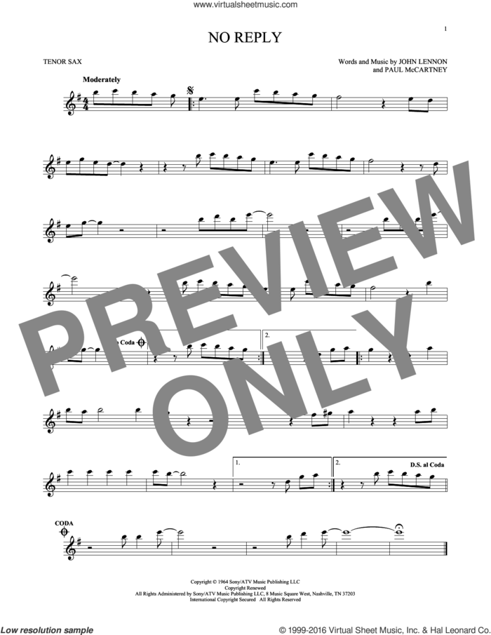 No Reply sheet music for tenor saxophone solo by The Beatles, John Lennon and Paul McCartney, intermediate skill level