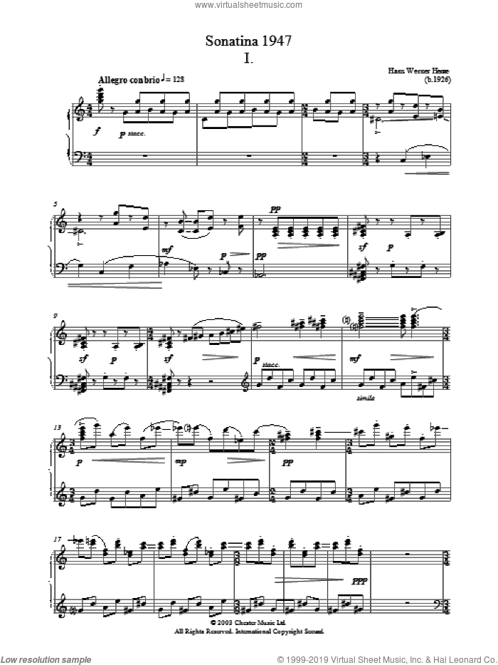 Sonatina 1947 sheet music for piano solo by Hans Werner Henze, classical score, intermediate skill level