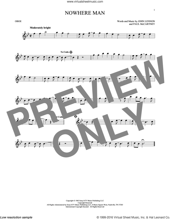 Nowhere Man sheet music for oboe solo by The Beatles, John Lennon and Paul McCartney, intermediate skill level