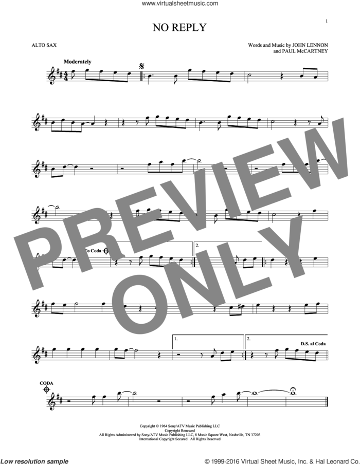 No Reply sheet music for alto saxophone solo by The Beatles, John Lennon and Paul McCartney, intermediate skill level