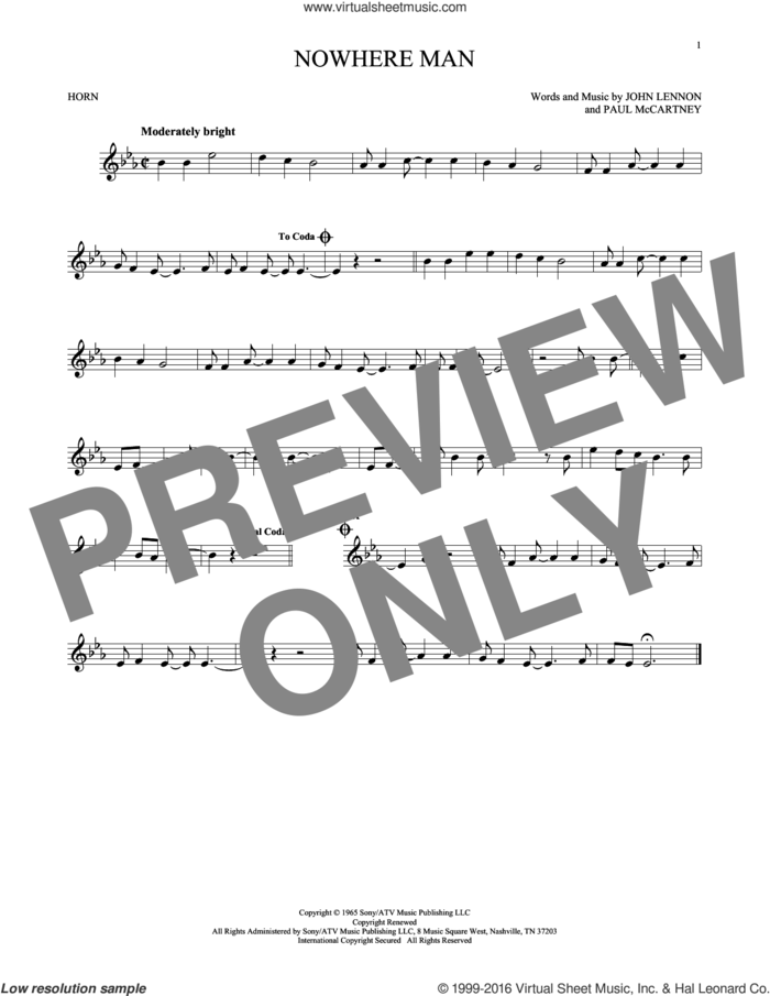 Nowhere Man sheet music for horn solo by The Beatles, John Lennon and Paul McCartney, intermediate skill level