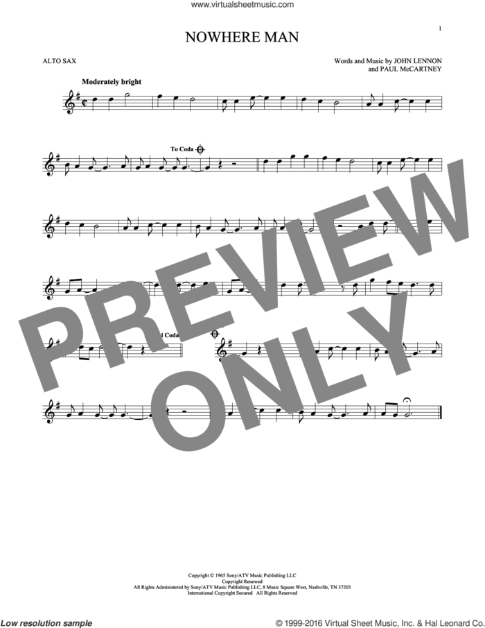 Nowhere Man sheet music for alto saxophone solo by The Beatles, John Lennon and Paul McCartney, intermediate skill level