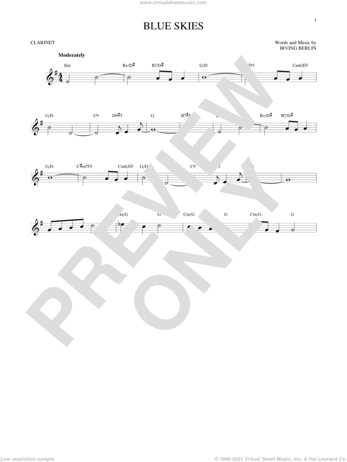 Blue Skies sheet music for clarinet solo by Irving Berlin and Willie Nelson, intermediate skill level