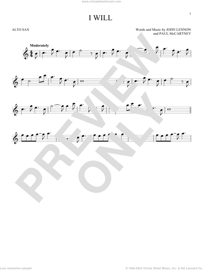 I Will sheet music for alto saxophone solo by The Beatles, John Lennon and Paul McCartney, wedding score, intermediate skill level