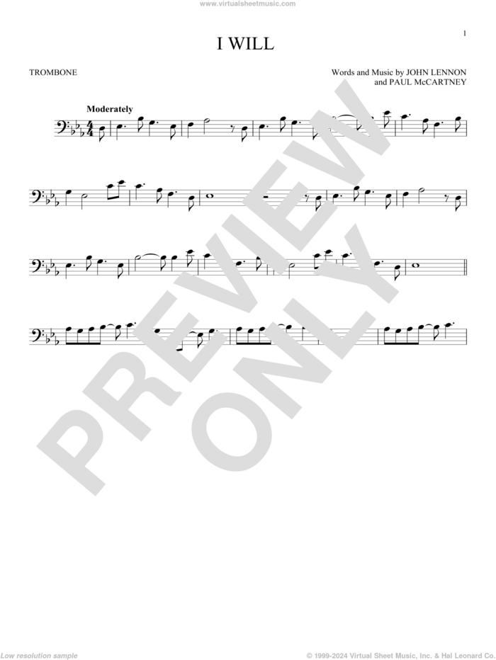 I Will sheet music for trombone solo by The Beatles, John Lennon and Paul McCartney, wedding score, intermediate skill level